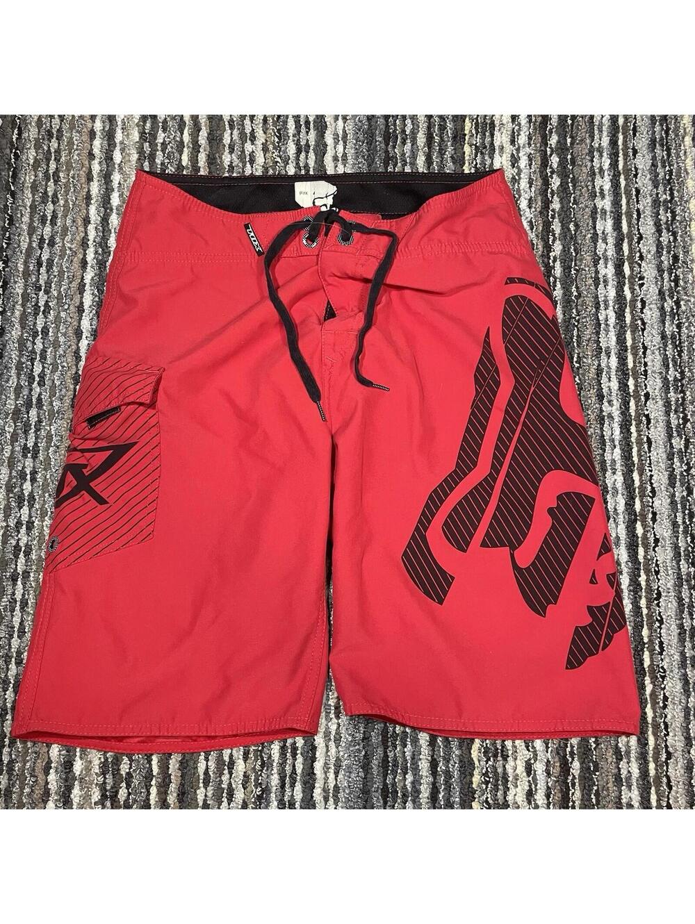 Y2K Fox Racing Men’s 32 Board Shorts Red Black Graphic Swim Trunks Quick‑Dry